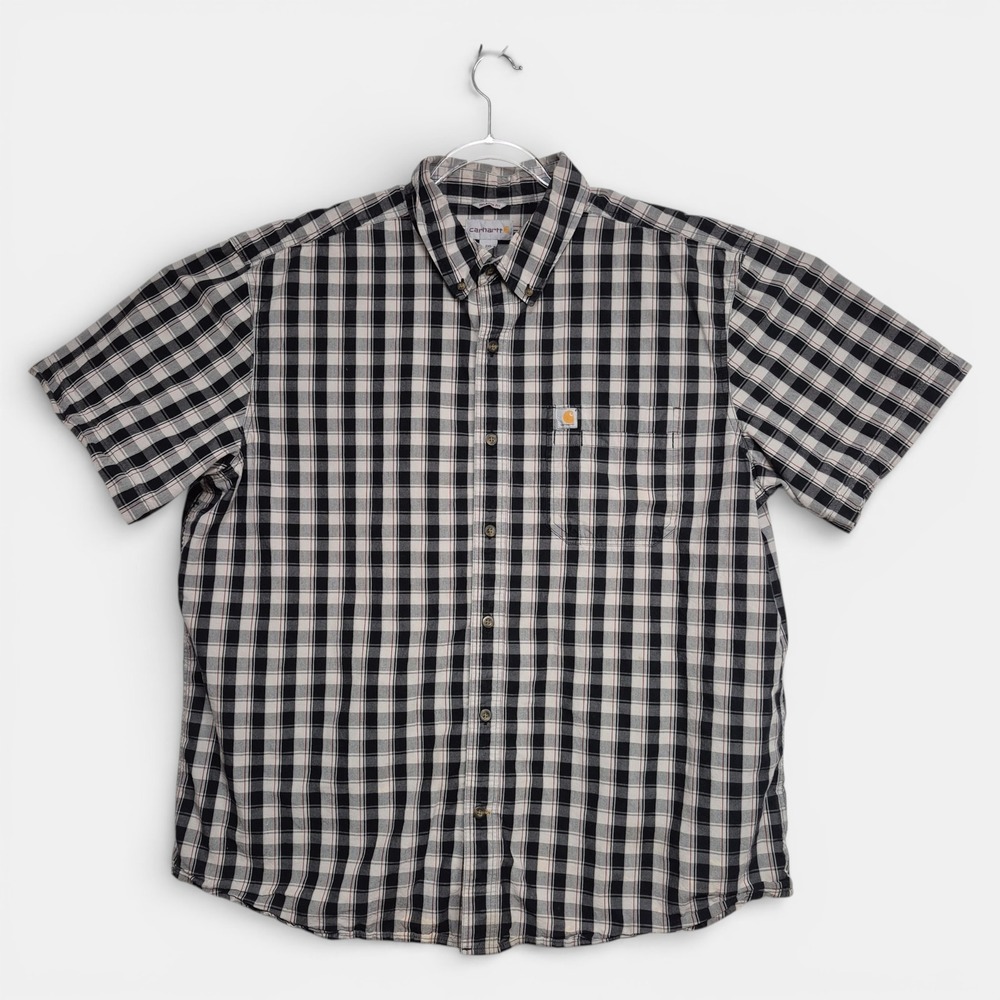 Carhartt Mens 2XL Relaxed Fit Plaid Short Sleeve Button Down Shirt Black White